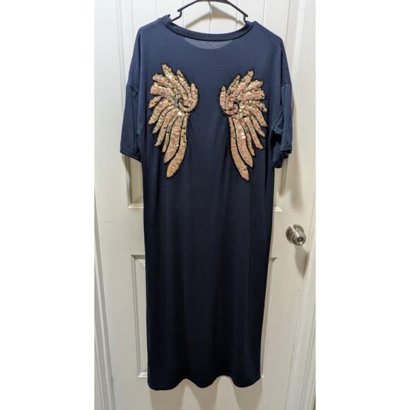 Navy Blue Sequin Glitter Angel Wings Fitted Short Sleeve Maxi Dress Size M - Picture 1 of 10